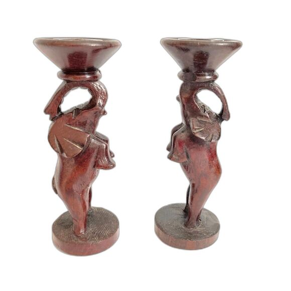 ELEPHANT CANDLE STICKS Taper Vintage Set of 2 Hand Carved Wood Pair 5.5 x 2 in - Picture 1 of 6